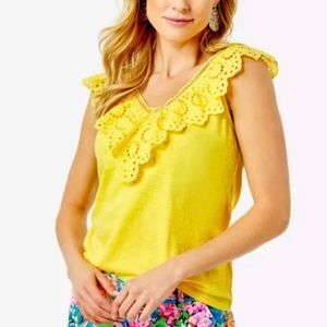 Lily Pulitzer's Plaza eyelet embroidery yellow cotton top size Small